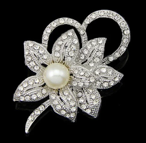 Silver Brooch Pearls & Crystal Wedding Fashion Jewelry BR-009