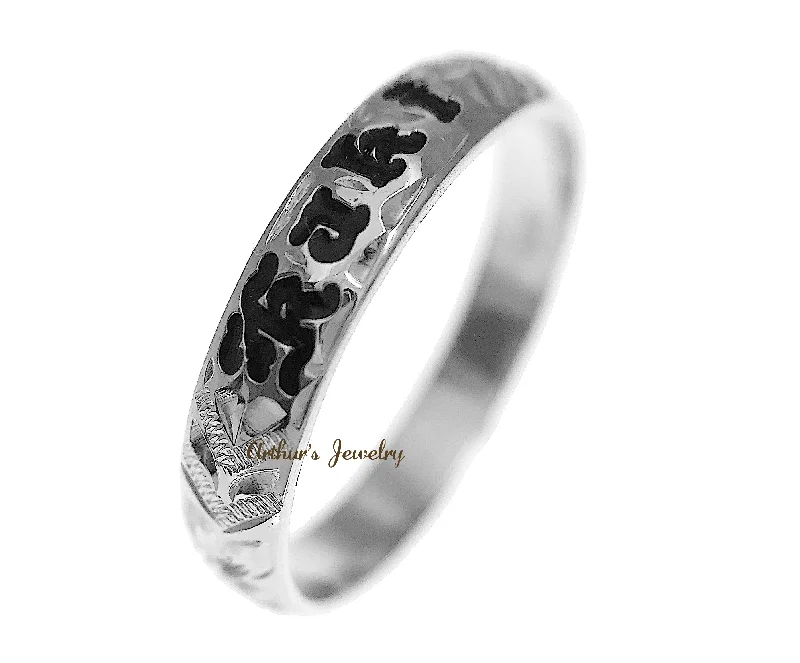 14K WHITE GOLD CUSTOM HAND ENGRAVED HAWAIIAN PRINCESS PLUMERIA SCROLL BLACK ENAMEL BAND RING 4MM