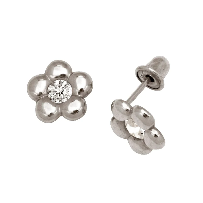 Curata Solid 14k Yellow or White Gold Round Cubic Zirconia Puffed Daisy Flower Screw-back Stud Earrings (8mm)