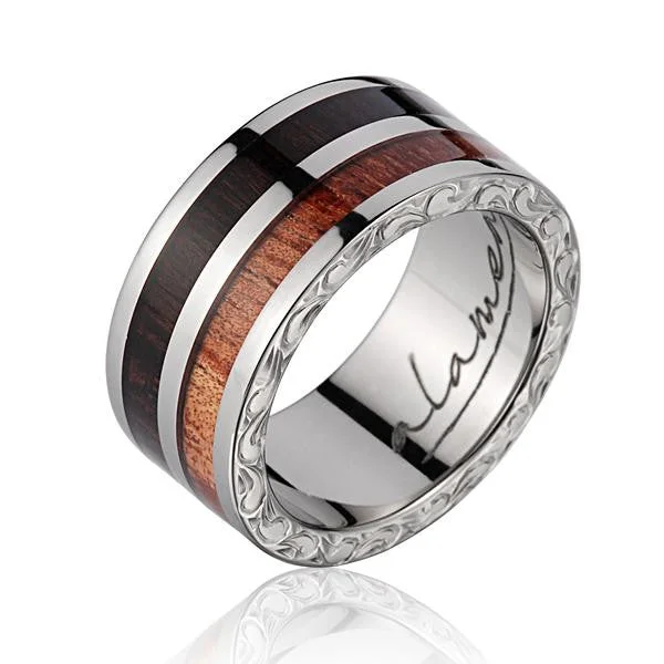 GENUINE MACASSAR EBONY HAWAIIAN KOA WOOD WEDDING BAND RING TITANIUM SCROLL 10MM