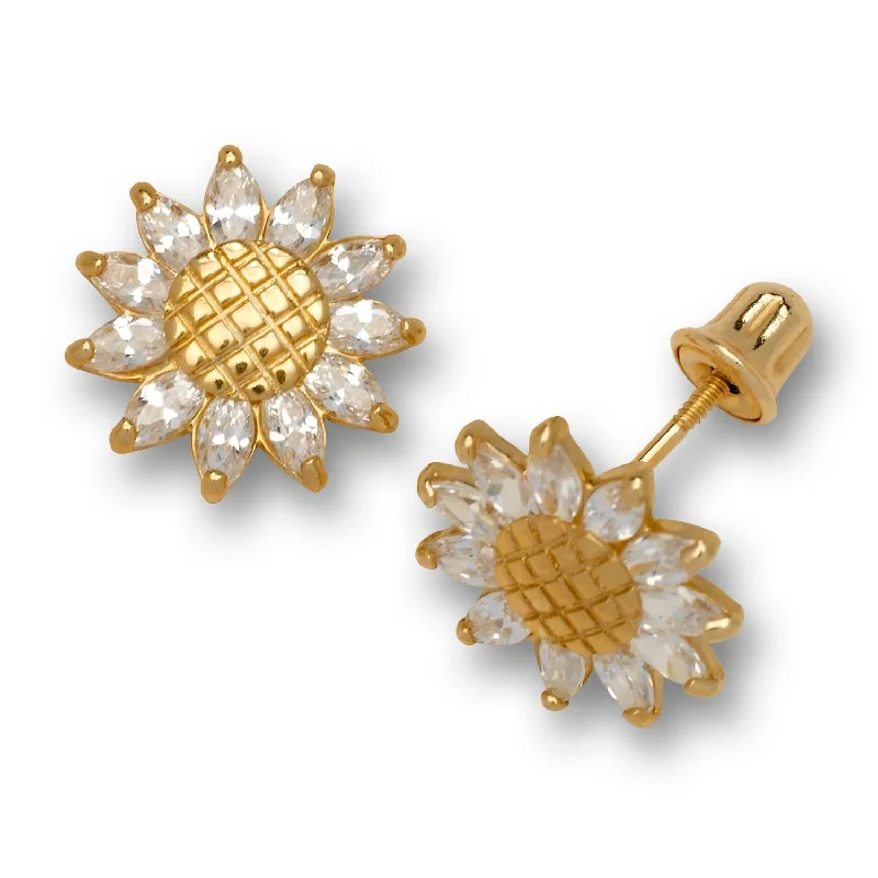 Curata 14K Gold Cubic Zirconia Textured Sun Flower Screw Back Earrings - White