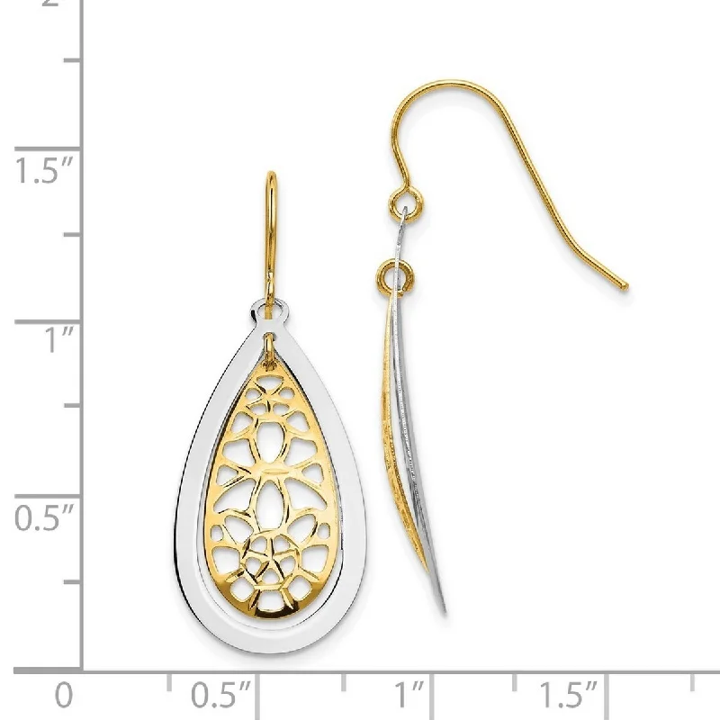 Curata 14k Two Tone Gold 38x15mm Pear Tear-Drop Dangle Hook Earrings