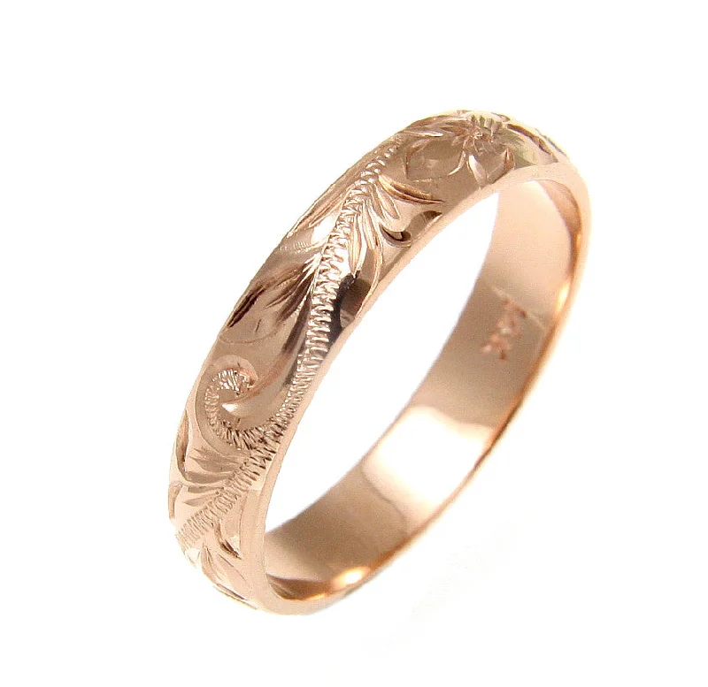 SOLID 14K ROSE GOLD CUSTOM HAND ENGRAVED HAWAIIAN PLUMERIA SCROLL BAND RING 4MM