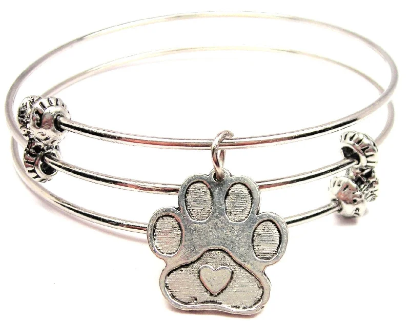 Center Heart Paw Print Triple Style Expandable Bangle Bracelet