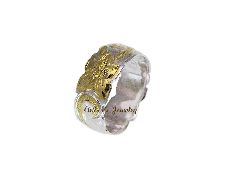 8MM SILVER 925 HAWAIIAN PRINCESS SCROLL RING YELLOW GOLD PLATED SIZE 3 - 14