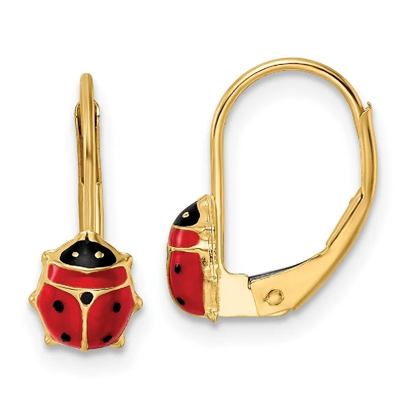 Curata 14k Yellow Gold 14.5x12mm Enameled Ladybug Leverback Earrings