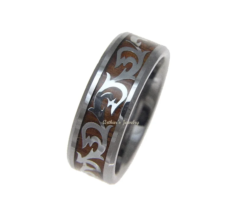 GENUINE INLAY HAWAIIAN KOA WOOD SHINY SCROLL BAND RING TUNGSTEN COMFORT FIT 8MM