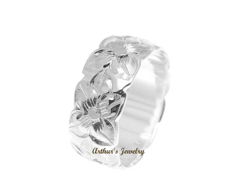 STERLING SILVER 925 HAWAIIAN PLUMERIA FLOWER ALL AROUND 8MM BAND RING