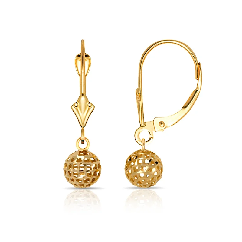 Curata 14K Yellow Gold Diamond-cut Bird-cage Dangling Ball Lever Back Earrings - Orange