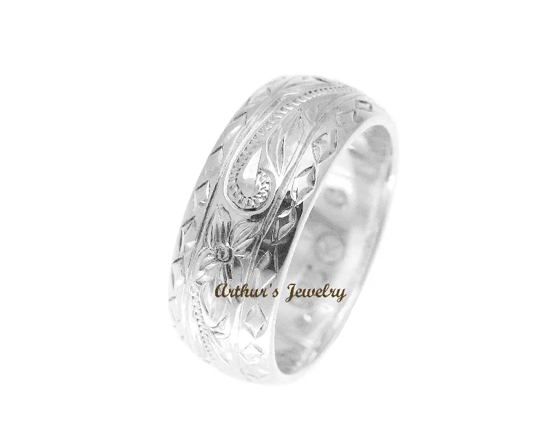 925 STERLING SILVER HAWAIIAN PLUMERIA SCROLL DIAMOND CUT EDGE 8MM THICK RING SIZE 3-14