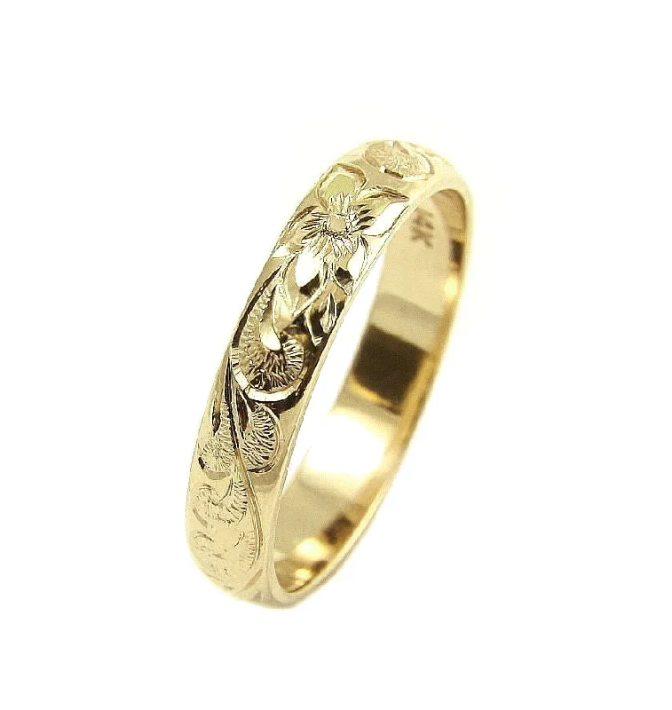 14K YELLOW GOLD CUSTOM HAND ENGRAVE HAWAIIAN QUEEN PLUMERIA SCROLL BAND RING 4MM