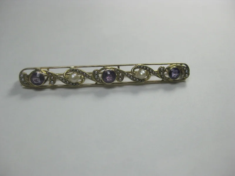 14kt Edwardian Amethyst Pearl Bar Brooch Brooch, .45 TCW,  Early 1900's