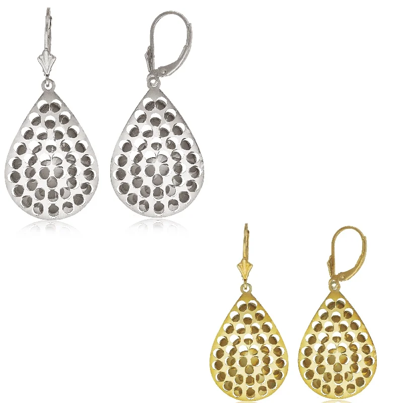 Curata Sterling Silver Bold Pear-shape Diamond-Cut Disc Leverback Earrings - White