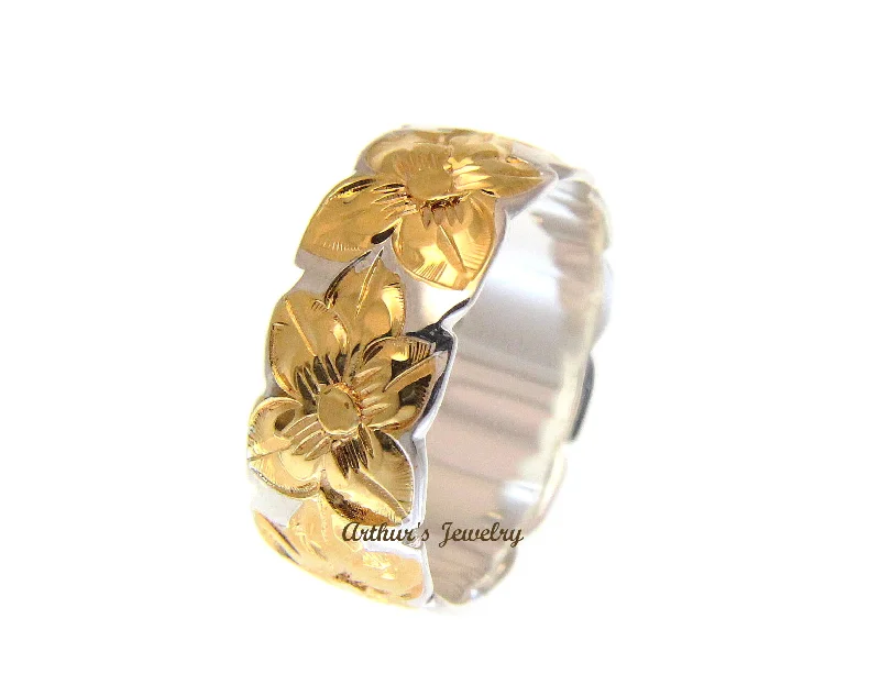 8MM SILVER 925 HAWAIIAN PLUMERIA ALL AROUND BAND RING YELLOW GOLD PLATED 2 TONE