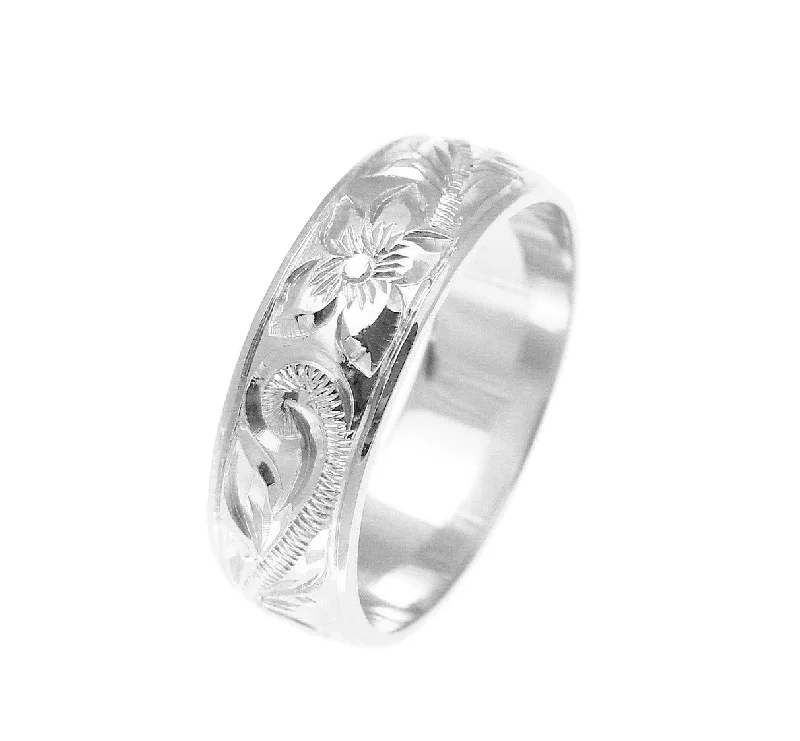 14K WHITE GOLD HAND ENGRAVED HAWAIIAN PLUMERIA SCROLL BAND RING SMOOTH EDGE 6MM