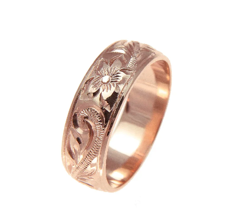 14K ROSE GOLD HAND ENGRAVED HAWAIIAN PLUMERIA SCROLL BAND RING SMOOTH EDGE 6MM