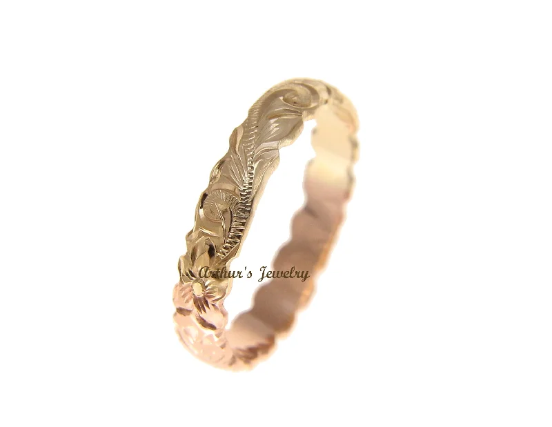 14K YELLOW ROSE GOLD CUSTOM HAND ENGRAVED HAWAIIAN SCROLL MAILE RING CUT OUT 4MM