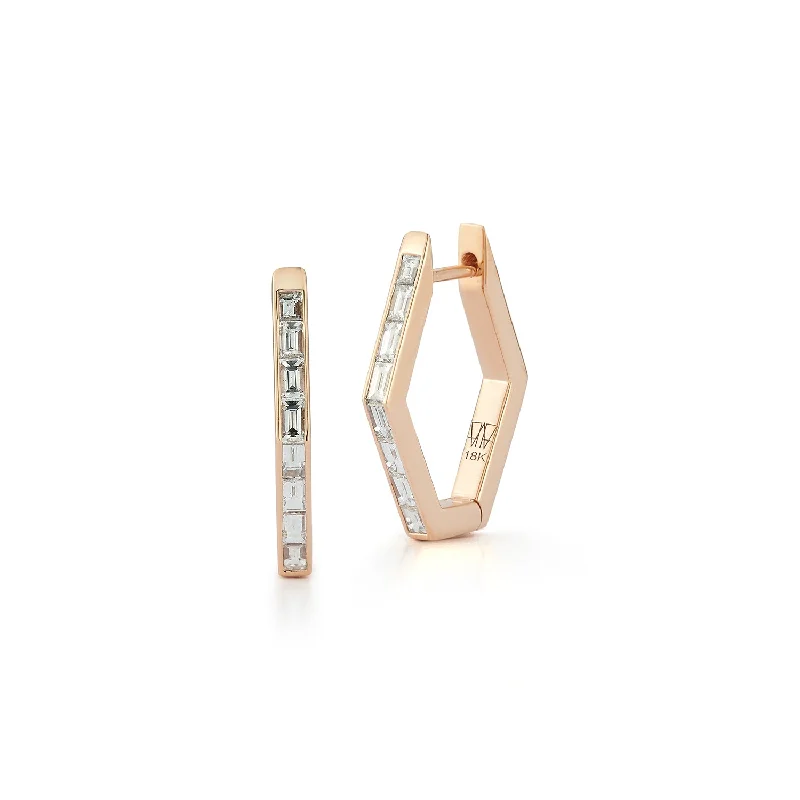 QUENTIN 18K BAGUETTE DIAMOND HEXAGON HOOP EARRINGS