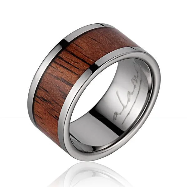 GENUINE INLAY HAWAIIAN KOA WOOD WEDDING BAND RING TITANIUM 10MM SIZE 5-14