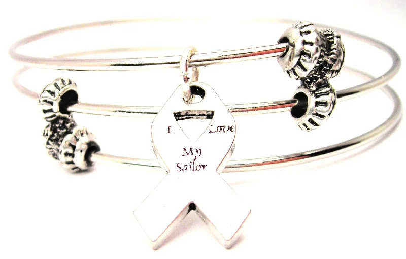 I Love My Sailor Awareness Ribbon Triple Style Expandable Bangle Bracelet