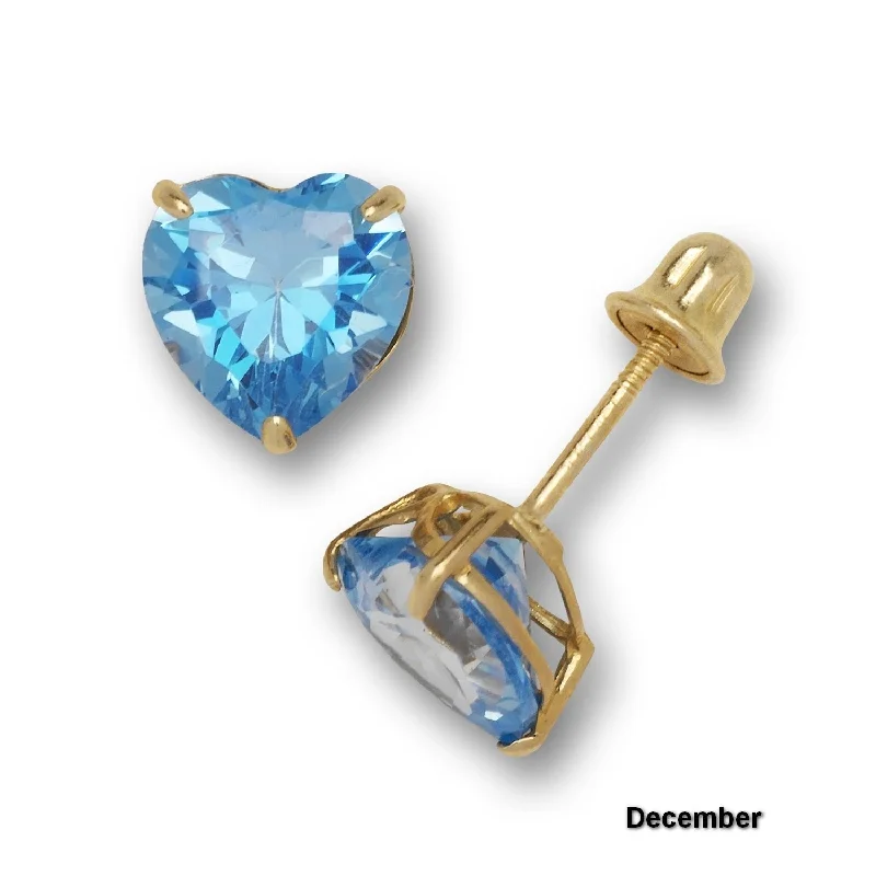 14K Yellow Gold 6mm Heart-shaped Cubic Zircornia Birthstone Basket-Set Solitaire Screw-back Stud Earrings (12 colors)