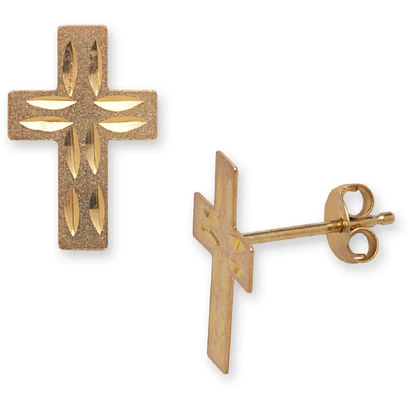 Curata 14k Yellow Gold 12x8mm Diamond-cut Stamped Cross Earrings