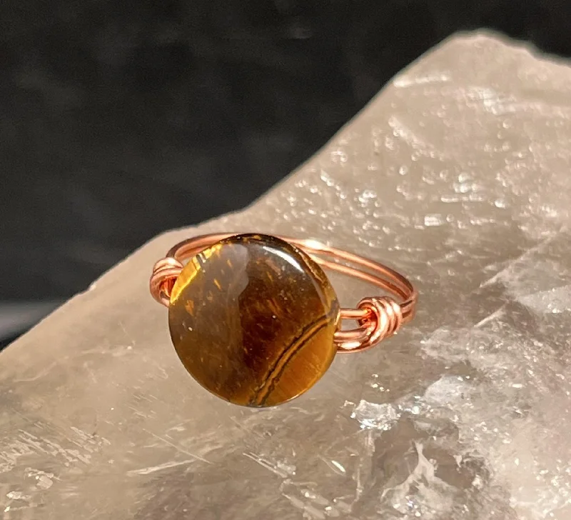 Tigers Eye Disc Copper Bead Ring