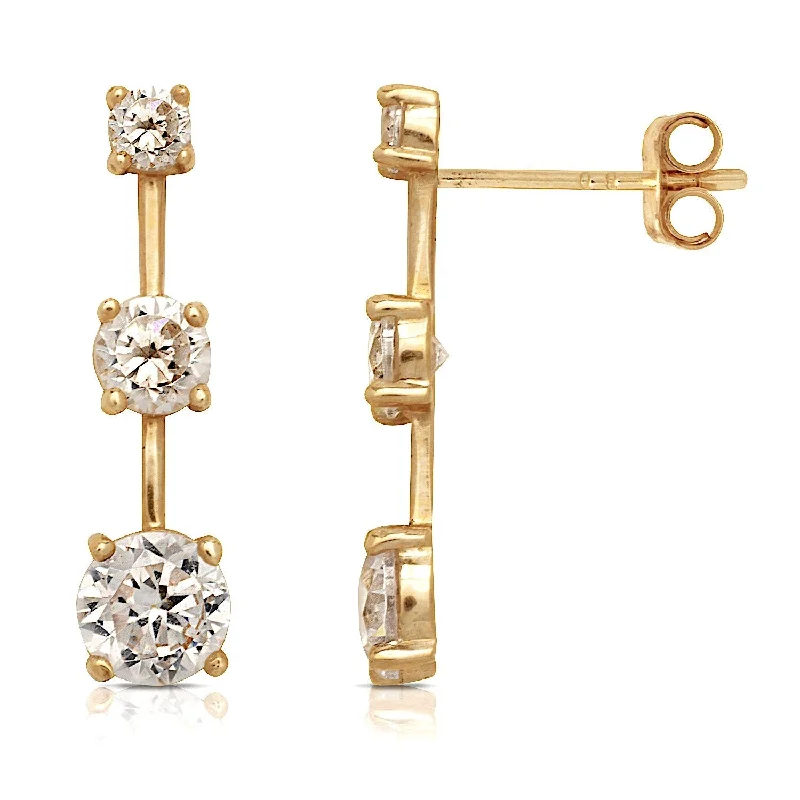 Curata 14k Gold Round Cubic Zirconia 3-stone Bar Post Stud Earrings