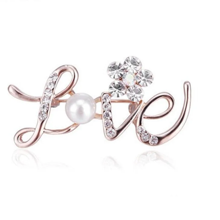 "Love" Letters Brooch Pearl Rhinestone Flower Lapel Pins