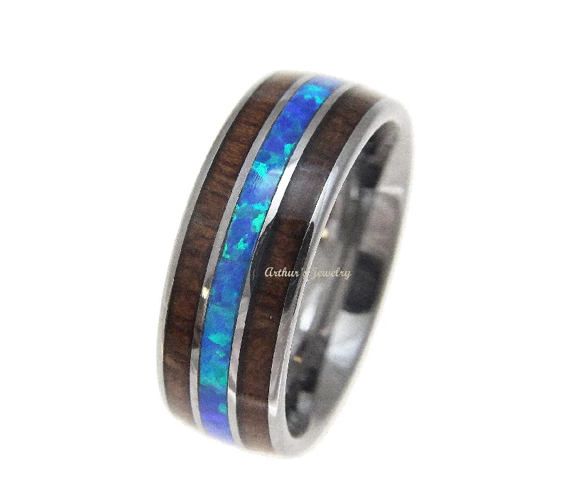 GENUINE INLAY HAWAIIAN KOA WOOD OPAL WEDDING BAND RING TUNGSTEN COMFORT FIT 8MM