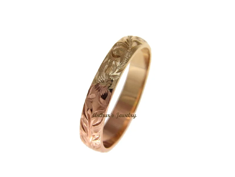 14K YELLOW ROSE GOLD 2 TONE CUSTOM HAND ENGRAVED HAWAIIAN SCROLL MAILE 4MM RING SIZE 2 TO 14