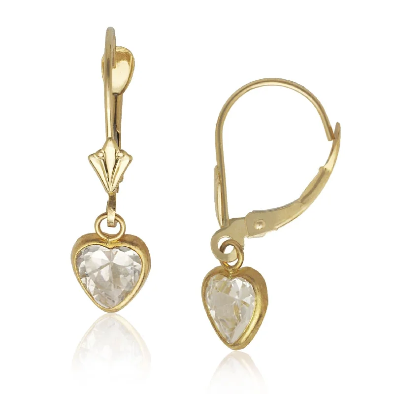 Curata 14k Yellow Gold Heart-shape Cubic Zirconia Dangle Lever Back Earrings - White