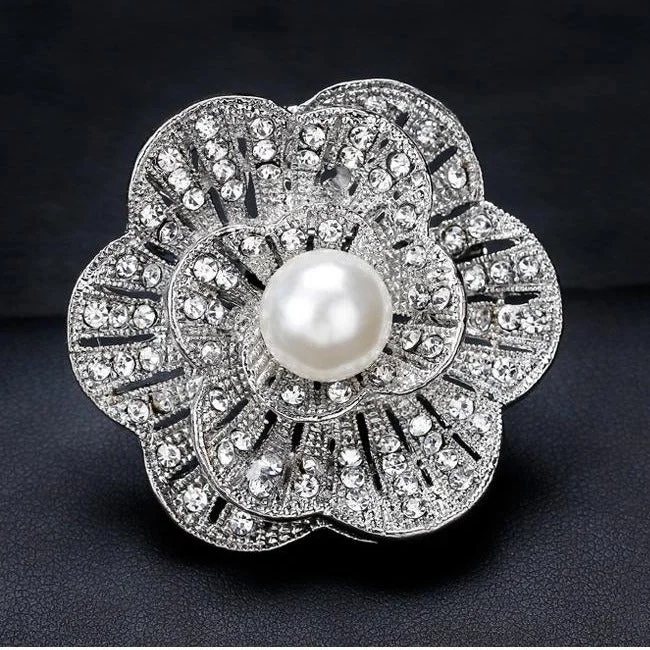 Brooch Silver Flower Rhinestone Crystal BR-095