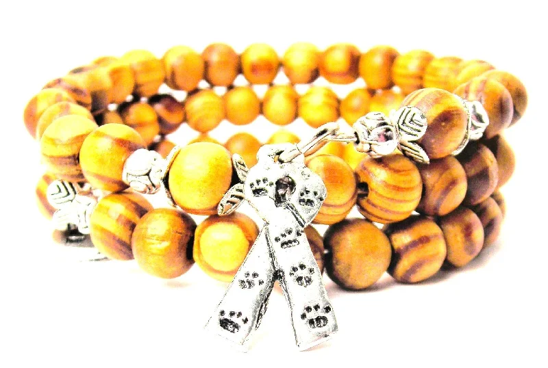 Awareness Ribbon With Paw Prints Natural Wood Wrap Bracelet