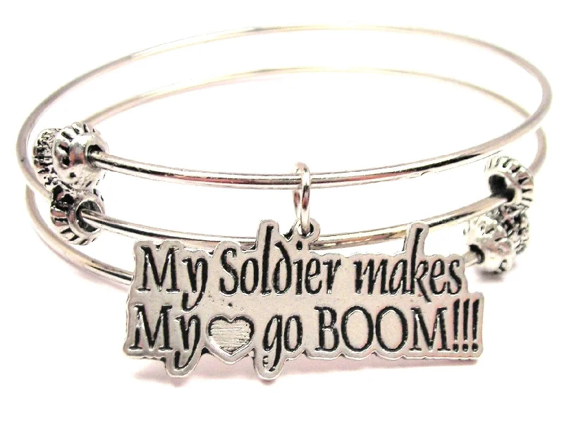 My Soldier Makes My Heart Go Boom Triple Style Expandable Bangle Bracelet