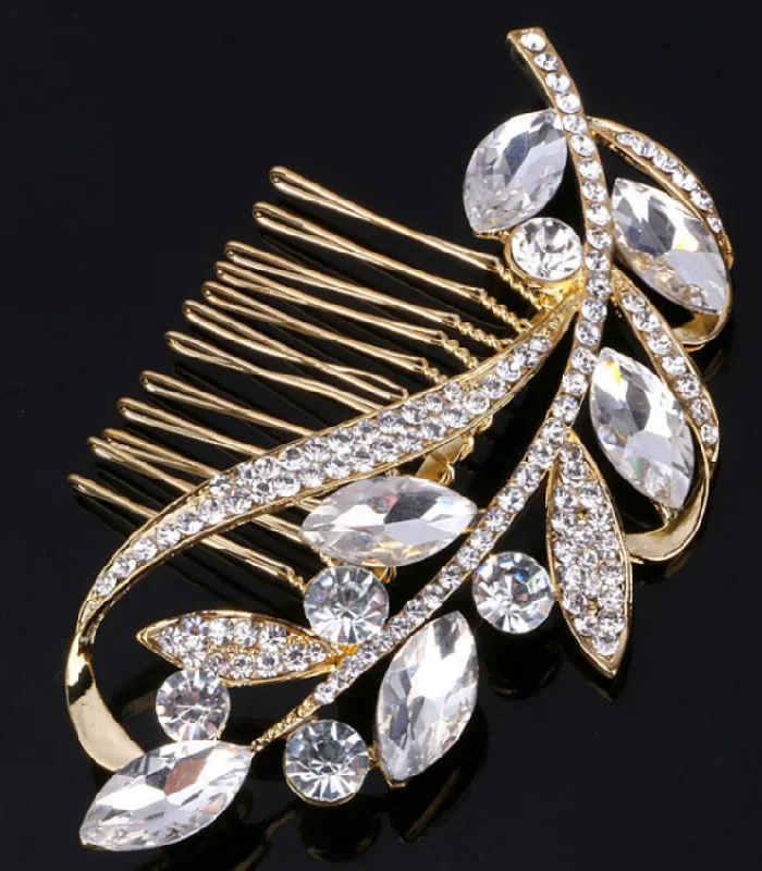 Gold Bridal Hair Brooch Rhinestone HBR-004