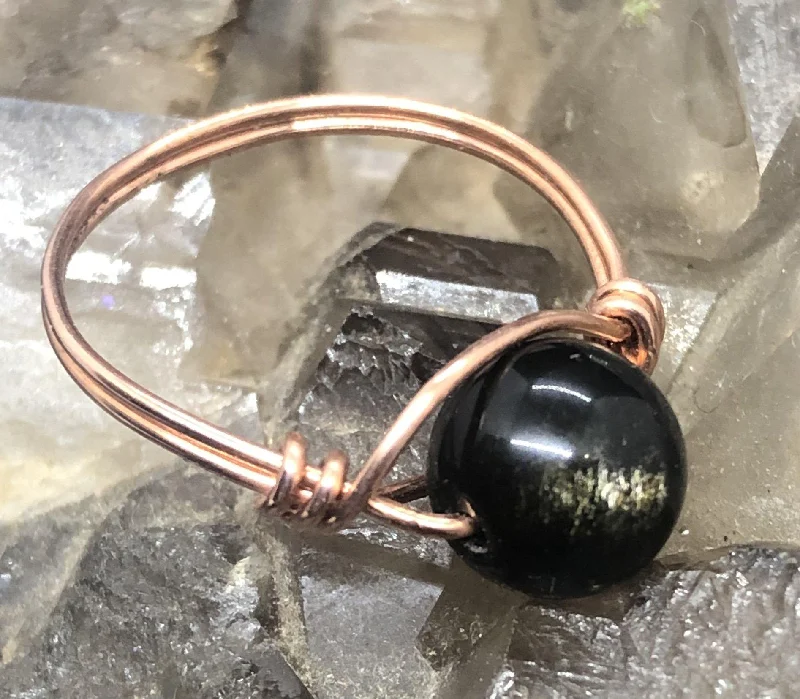 Black Obsidian Copper Bead Ring