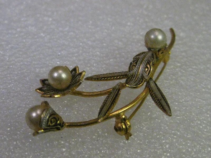 Damascene Floral Brooch, Faux Pearls, Flowers & Stems, 2.25" Long - vintage jewelry